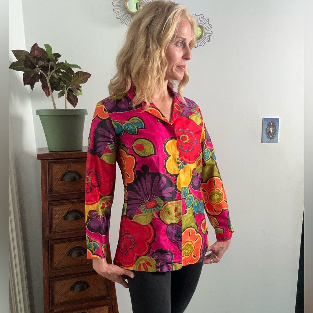 Chico’s colorful silk blouse